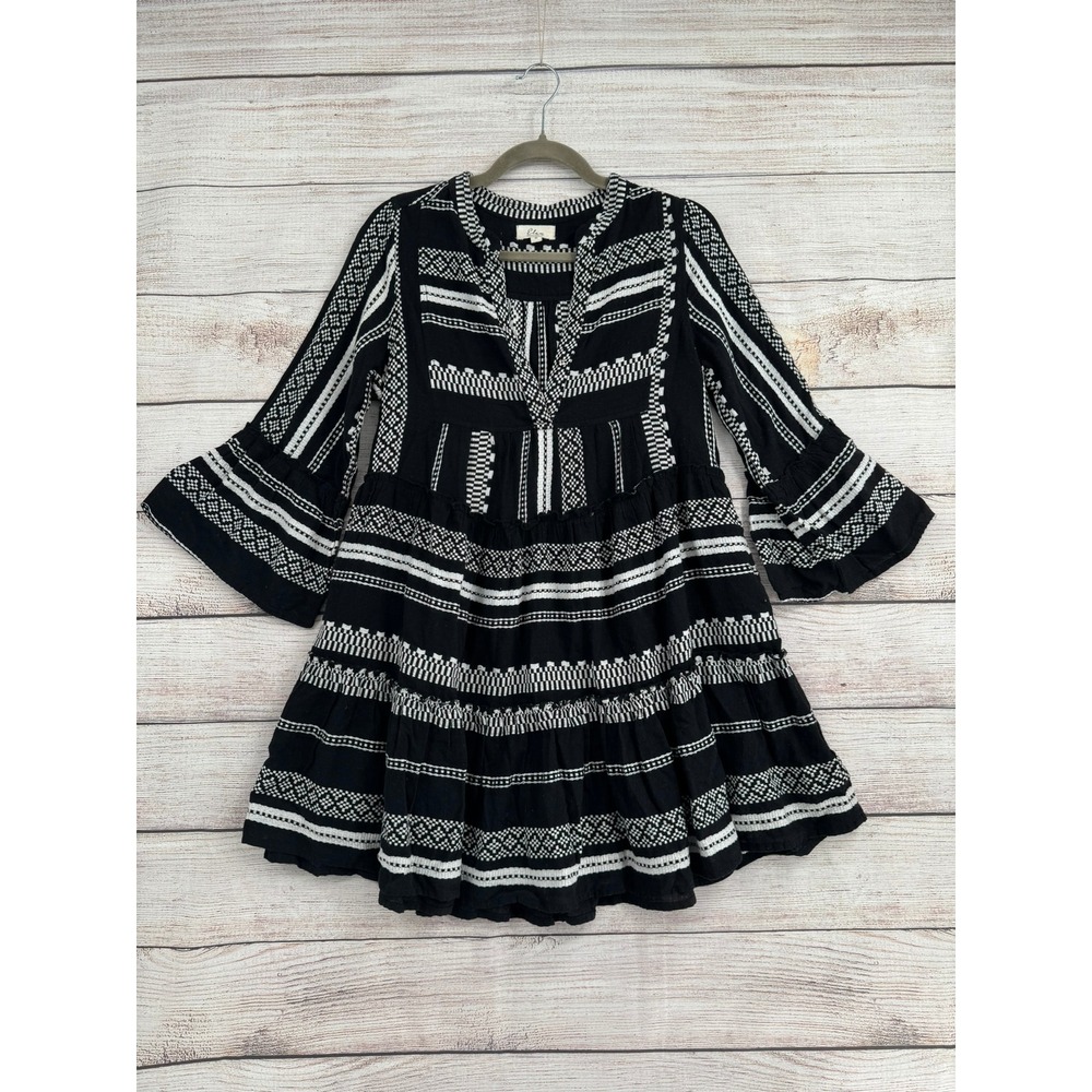 Elan Tunic Dress Women S Black White Embroidered Tiered Bell Sleeve CNJ5570